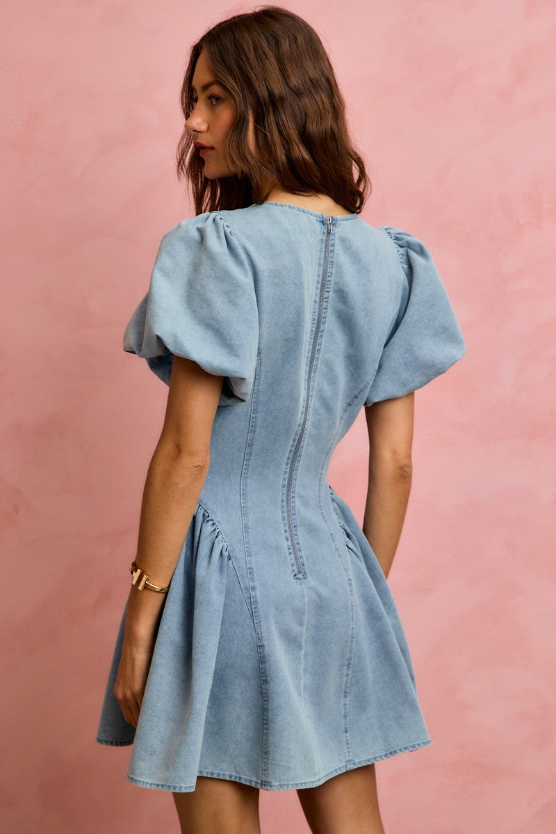 SO ME Denim Dress V-Neck Light Blue Casual Mini Short Baloon Sleeves