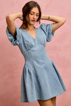 SO ME Denim Dress V-Neck Light Blue Casual Mini Short Baloon Sleeves