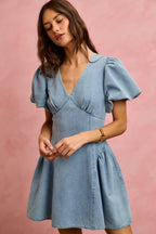 SO ME Denim Dress V-Neck Light Blue Casual Mini Short Baloon Sleeves