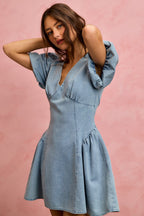 SO ME Denim Dress V-Neck Light Blue Casual Mini Short Baloon Sleeves