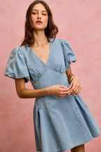 SO ME Denim Dress V-Neck Light Blue Casual Mini Short Baloon Sleeves