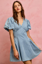 SO ME Denim Dress V-Neck Light Blue Casual Mini Short Baloon Sleeves