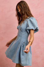 SO ME Denim Dress V-Neck Light Blue Casual Mini Short Baloon Sleeves