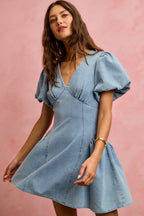 SO ME Denim Dress V-Neck Light Blue Casual Mini Short Baloon Sleeves