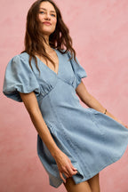 SO ME Denim Dress V-Neck Light Blue Casual Mini Short Baloon Sleeves