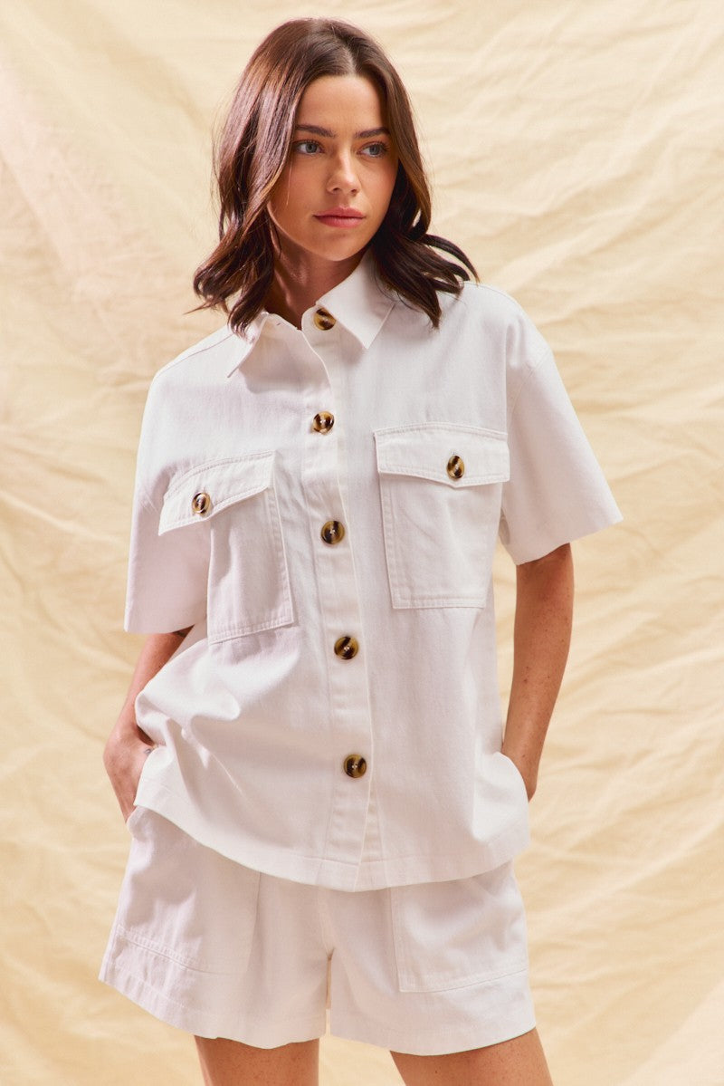 SO ME Off White Outfit Set Cotton Button-up Shirt Short Sleeve and Shorts 2 pcs