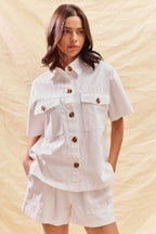 SO ME Off White Outfit Set Cotton Button-up Shirt Short Sleeve and Shorts 2 pcs