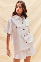 SO ME Off White Outfit Set Cotton Button-up Shirt Short Sleeve and Shorts 2 pcs