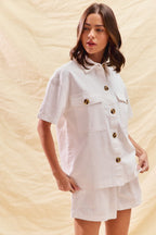 SO ME Off White Outfit Set Cotton Button-up Shirt Short Sleeve and Shorts 2 pcs
