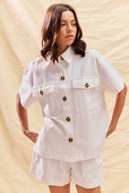SO ME Off White Outfit Set Cotton Button-up Shirt Short Sleeve and Shorts 2 pcs
