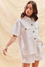 SO ME Off White Outfit Set Cotton Button-up Shirt Short Sleeve and Shorts 2 pcs