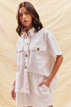 SO ME Off White Outfit Set Cotton Button-up Shirt Short Sleeve and Shorts 2 pcs