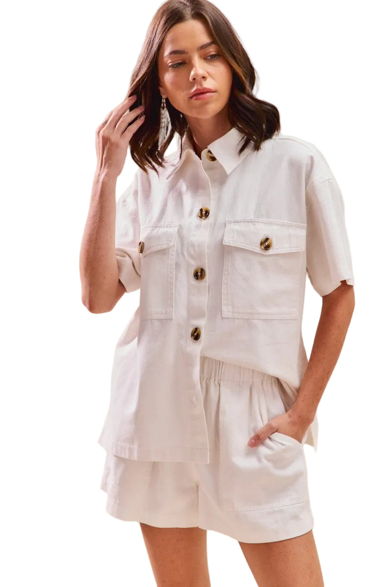 SO ME Off White Outfit Set Cotton Button-up Shirt Short Sleeve and Shorts 2 pcs