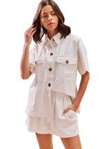 SO ME Off White Outfit Set Cotton Button-up Shirt Short Sleeve and Shorts 2 pcs