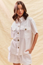 SO ME Off White Outfit Set Cotton Button-up Shirt Short Sleeve and Shorts 2 pcs
