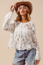 SO ME Crochet Lace Cardigan Floral Off White Button Long Sleeve Casual Top