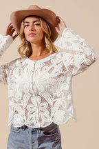SO ME Crochet Lace Cardigan Floral Off White Button Long Sleeve Casual Top