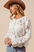 SO ME Crochet Lace Cardigan Floral Off White Button Long Sleeve Casual Top