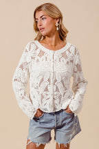 SO ME Crochet Lace Cardigan Floral Off White Button Long Sleeve Casual Top