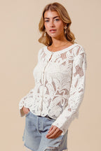 SO ME Crochet Lace Cardigan Floral Off White Button Long Sleeve Casual Top