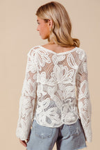 SO ME Crochet Lace Cardigan Floral Off White Button Long Sleeve Casual Top