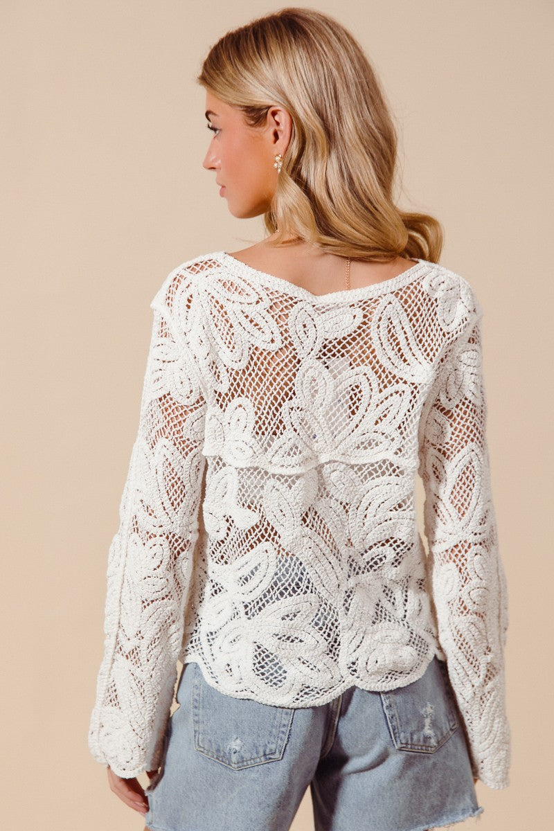 SO ME Crochet Lace Cardigan Floral Off White Button Long Sleeve Casual Top