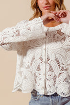 SO ME Crochet Lace Cardigan Floral Off White Button Long Sleeve Casual Top