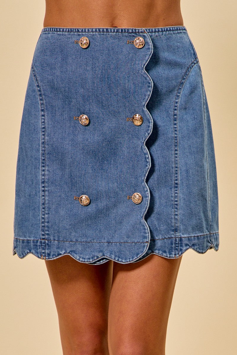 SO ME Denim Mini Skirt Scallop Edge Button Front Casual A-Line Fashionable