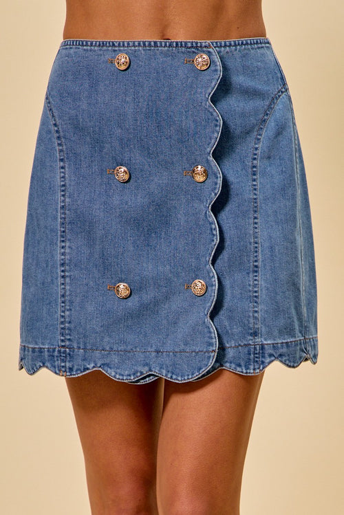 SO ME Denim Mini Skirt Scallop Edge Button Front Casual A-Line Fashionable