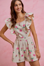 SO ME Floral Denim Overall mit Taillenausschnitten, Rüschen und eckigem Ausschnitt, kurzer Jumpsuit