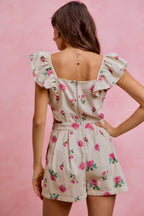 SO ME Floral Denim Overall mit Taillenausschnitten, Rüschen und eckigem Ausschnitt, kurzer Jumpsuit
