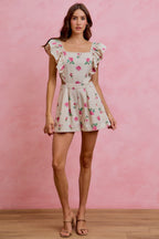 SO ME Floral Denim Overall mit Taillenausschnitten, Rüschen und eckigem Ausschnitt, kurzer Jumpsuit