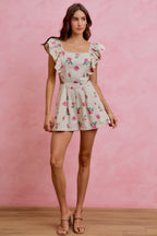 SO ME Floral Denim Overall mit Taillenausschnitten, Rüschen und eckigem Ausschnitt, kurzer Jumpsuit