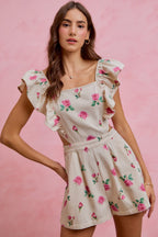 SO ME Floral Denim Overall mit Taillenausschnitten, Rüschen und eckigem Ausschnitt, kurzer Jumpsuit