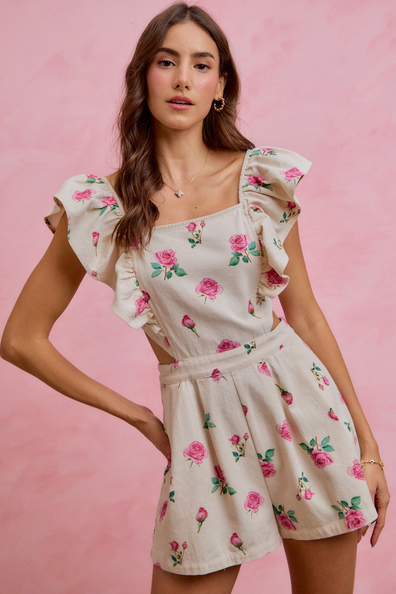 SO ME Floral Denim Romper Cut Out Waist Ruffled Square Neck Short Jumpsuit