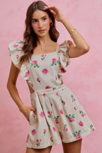 SO ME Floral Denim Overall mit Taillenausschnitten, Rüschen und eckigem Ausschnitt, kurzer Jumpsuit