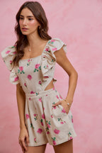 SO ME Floral Denim Overall mit Taillenausschnitten, Rüschen und eckigem Ausschnitt, kurzer Jumpsuit