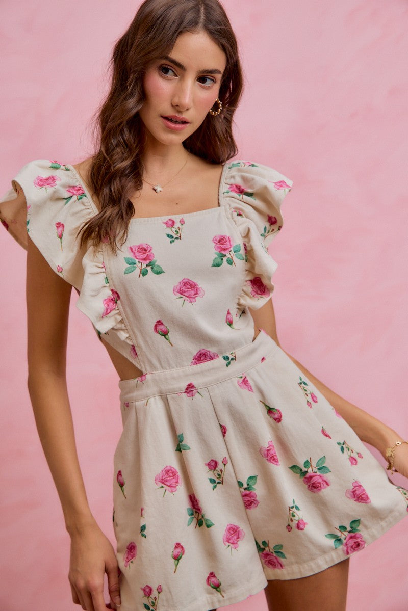SO ME Floral Denim Romper Cut Out Waist Ruffled Square Neck Short Jumpsuit