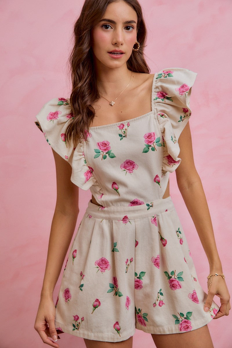 SO ME Floral Denim Romper Cut Out Waist Ruffled Square Neck Short Jumpsuit