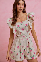SO ME Floral Denim Overall mit Taillenausschnitten, Rüschen und eckigem Ausschnitt, kurzer Jumpsuit