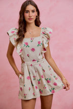 SO ME Floral Denim Overall mit Taillenausschnitten, Rüschen und eckigem Ausschnitt, kurzer Jumpsuit