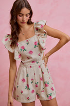 SO ME Floral Denim Overall mit Taillenausschnitten, Rüschen und eckigem Ausschnitt, kurzer Jumpsuit