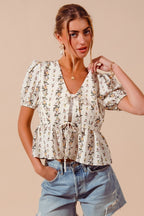 SO ME Floral Top V-Neck Front Bow Tied Rufle Short Balloon Sleeve Blouse