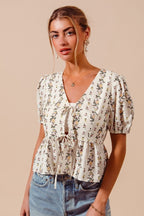 SO ME Floral Top V-Neck Front Bow Tied Rufle Short Balloon Sleeve Blouse