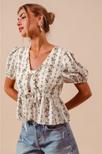 SO ME Floral Top V-Neck Front Bow Tied Rufle Short Balloon Sleeve Blouse