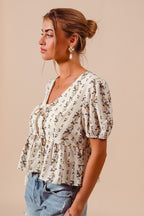 SO ME Floral Top V-Neck Front Bow Tied Rufle Short Balloon Sleeve Blouse