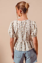 SO ME Floral Top V-Neck Front Bow Tied Rufle Short Balloon Sleeve Blouse