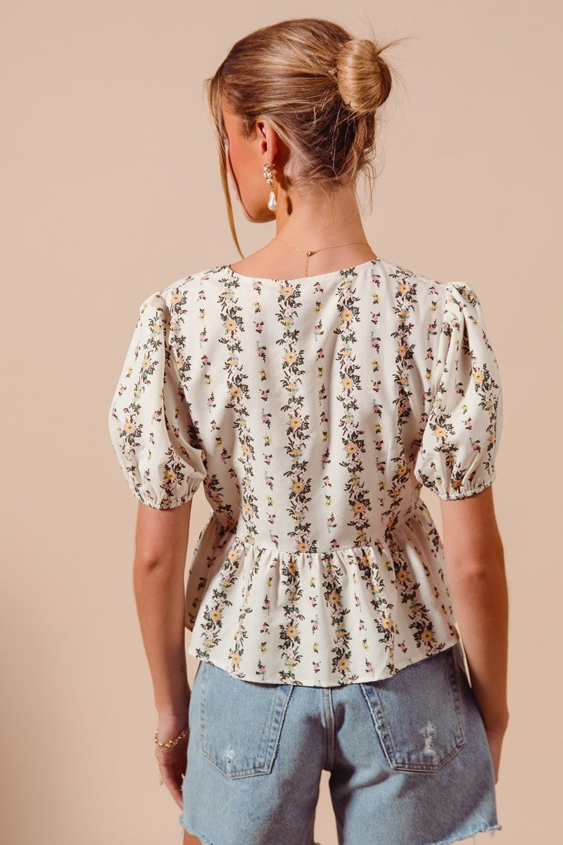 SO ME Floral Top V-Neck Front Bow Tied Rufle Short Balloon Sleeve Blouse