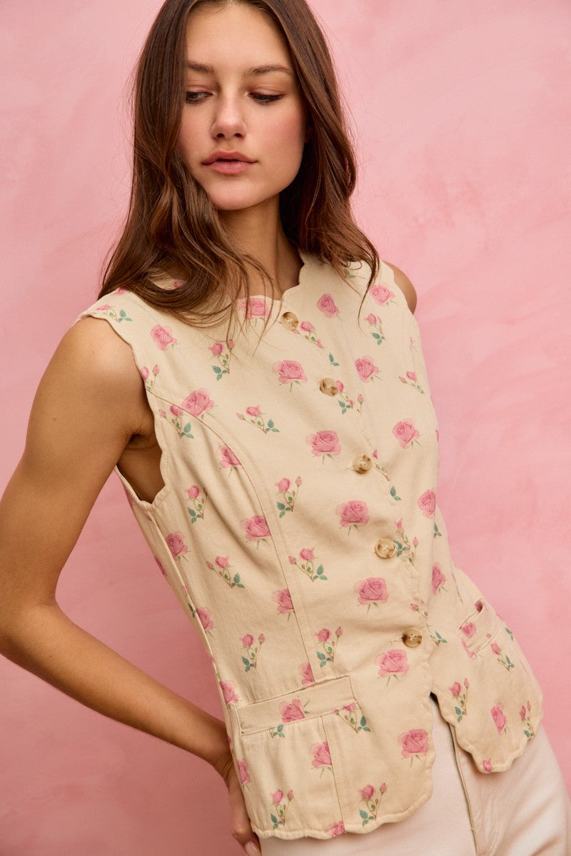 SO ME Floral Vest Top Cotton Sleeveless Round Neck Buttoned Scallop Pocketed