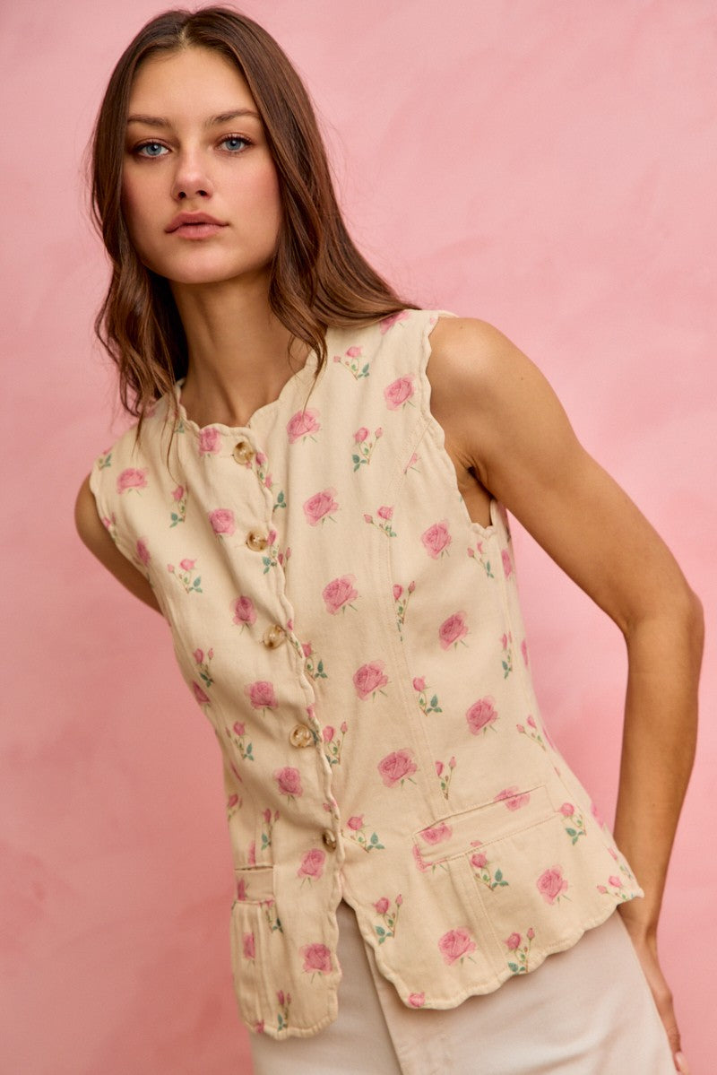 SO ME Floral Vest Top Cotton Sleeveless Round Neck Buttoned Scallop Pocketed